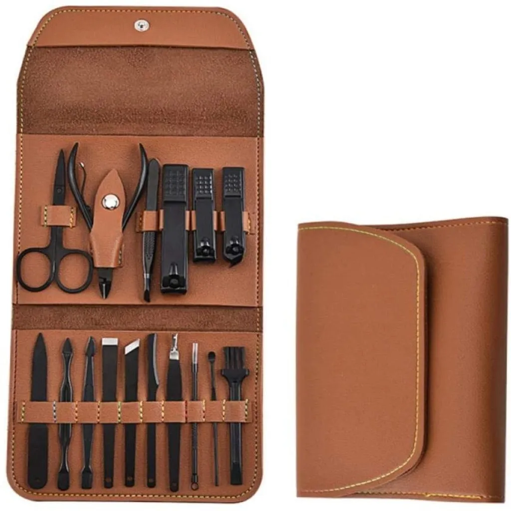 16 PCs Nail Clipper/Manicure & Pedicure Kit-Brown