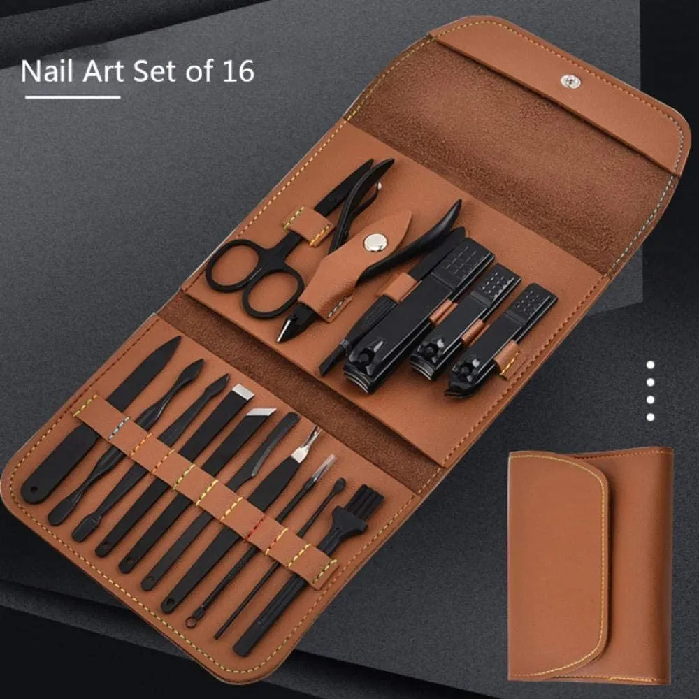 16 PCs Nail Clipper/Manicure & Pedicure Kit-Brown