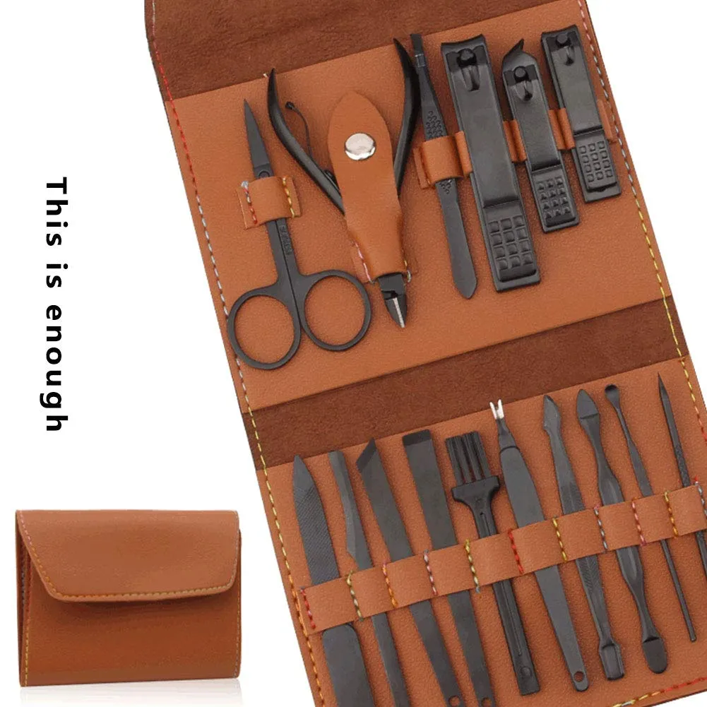 16 PCs Nail Clipper/Manicure & Pedicure Kit-Brown
