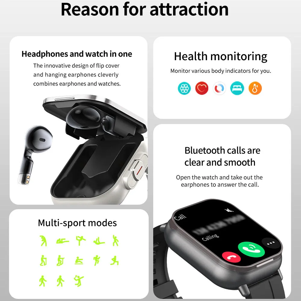 2.01" Headset 2 in 1 Smart Watch BT Call Blue Tooth Headphones Watches Heart Rate Sport Fitness Bracelet TWS Earphone Smartwatch