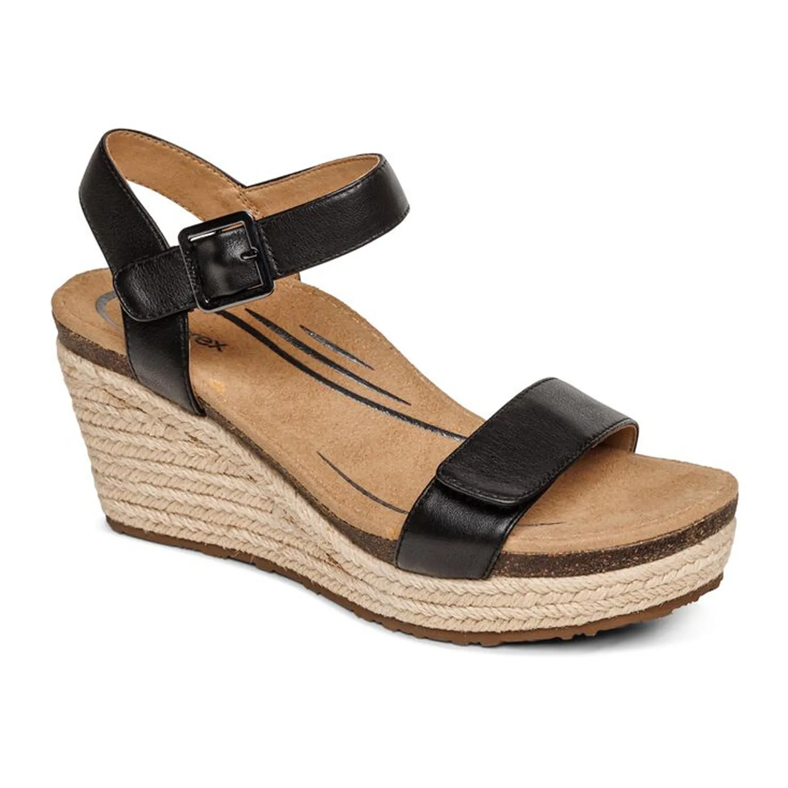 Aetrex Sydney Wedge Sandal (Women) - Black Leather