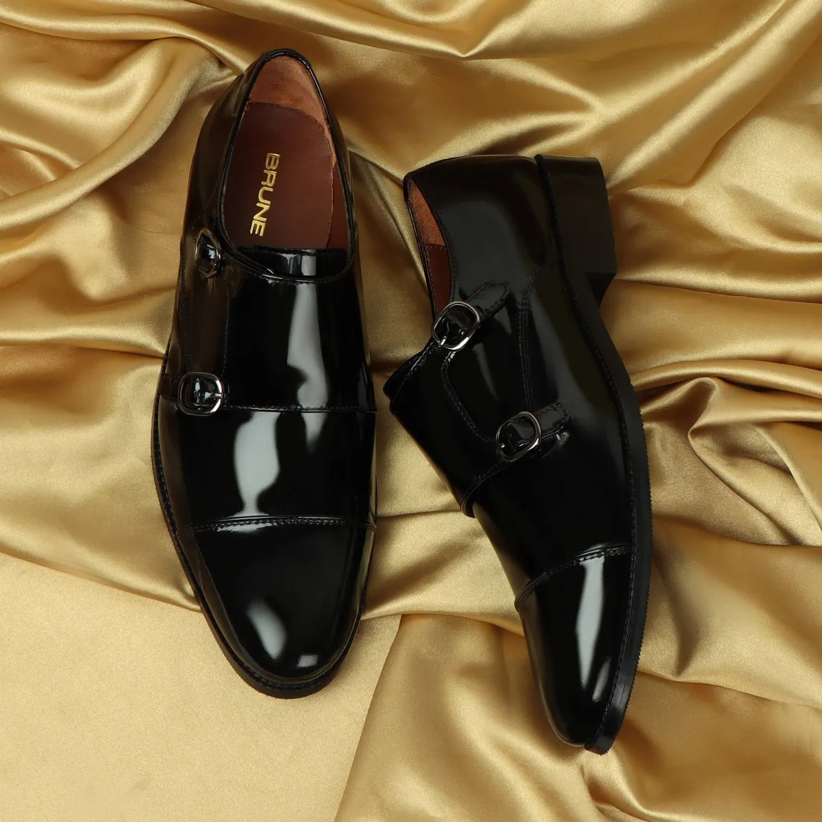 Black Patent Leather Rounded Cap Toe Double Monk Strap Formal Shoes By Brune & Bareskin