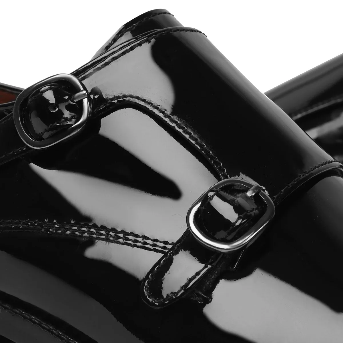 Black Patent Leather Rounded Cap Toe Double Monk Strap Formal Shoes By Brune & Bareskin