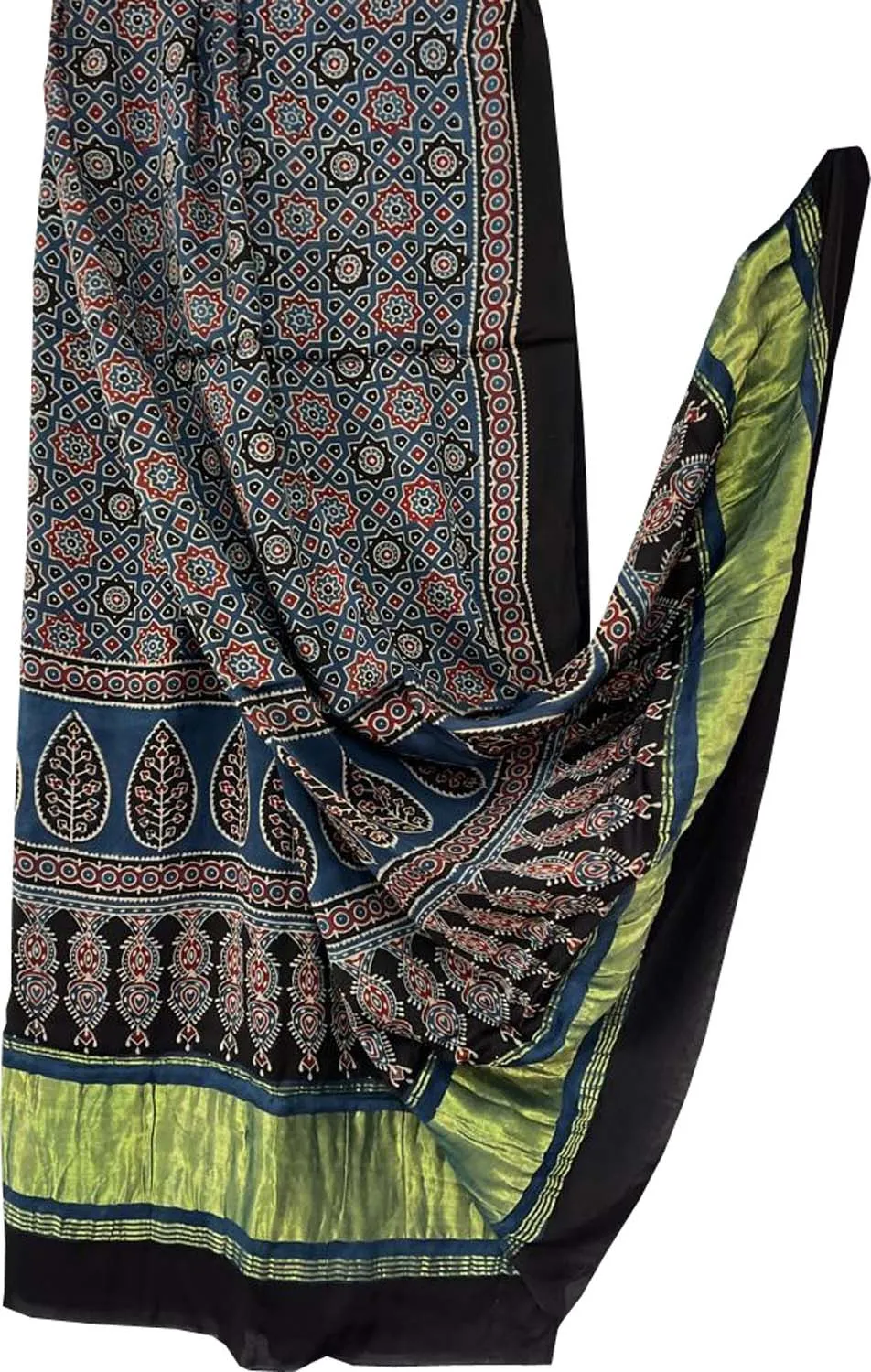Blue Ajarkh Block Printed Modal Silk Tissue Border Dupatta