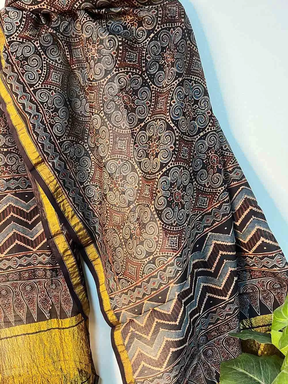 Blue Ajrakh Block Printed Chanderi Silk Tissue Border Dupatta