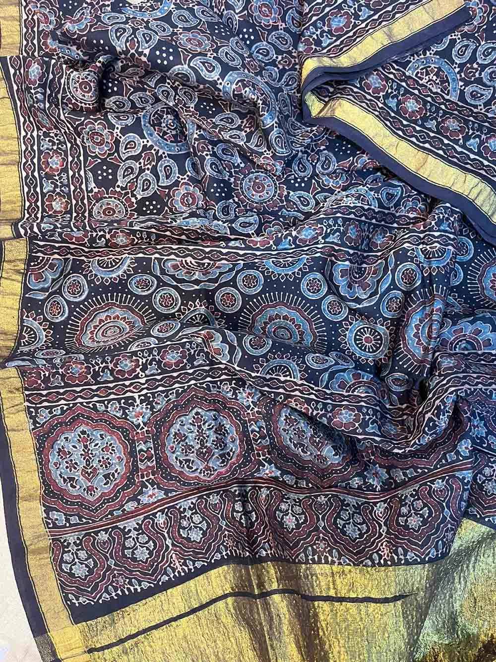 Blue Ajrakh Block Printed Chanderi Silk Tissue Border Dupatta
