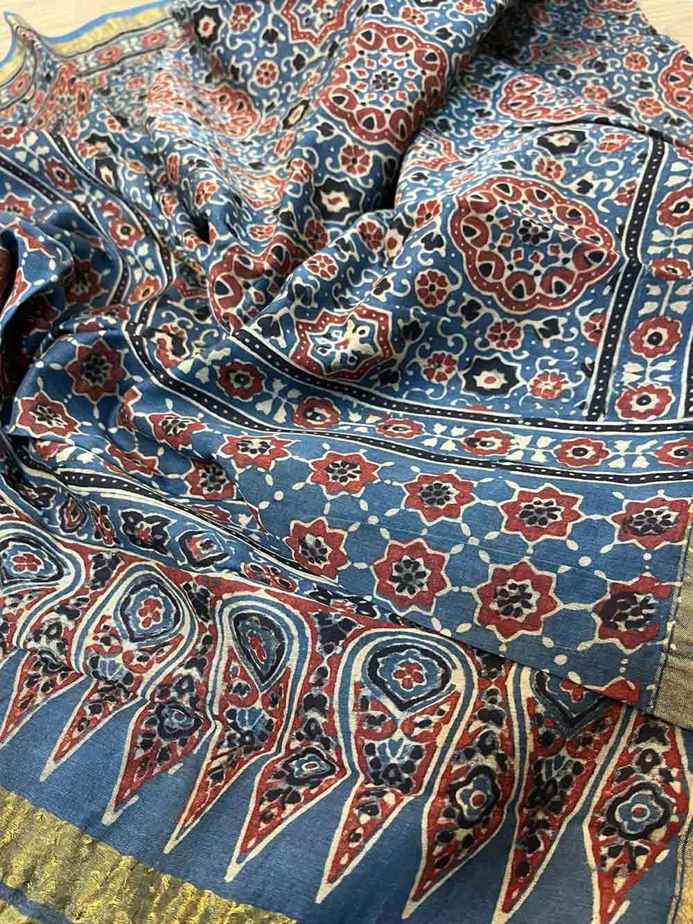 Blue Ajrakh Block Printed Chanderi Silk Tissue Border Dupatta