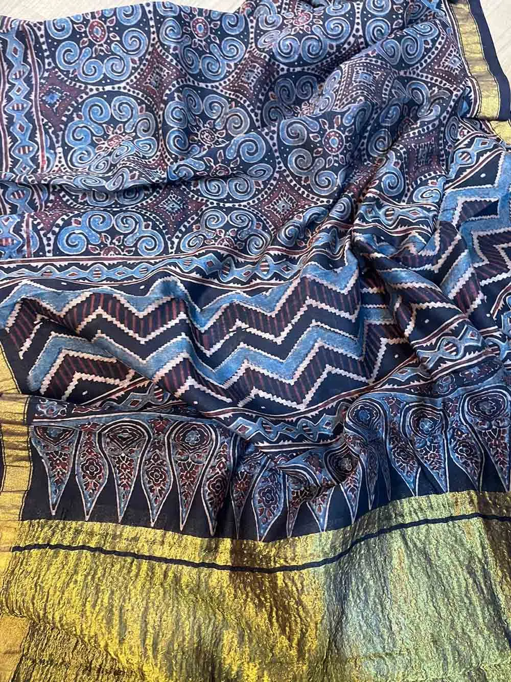 Blue Ajrakh Block Printed Chanderi Silk Tissue Border Dupatta