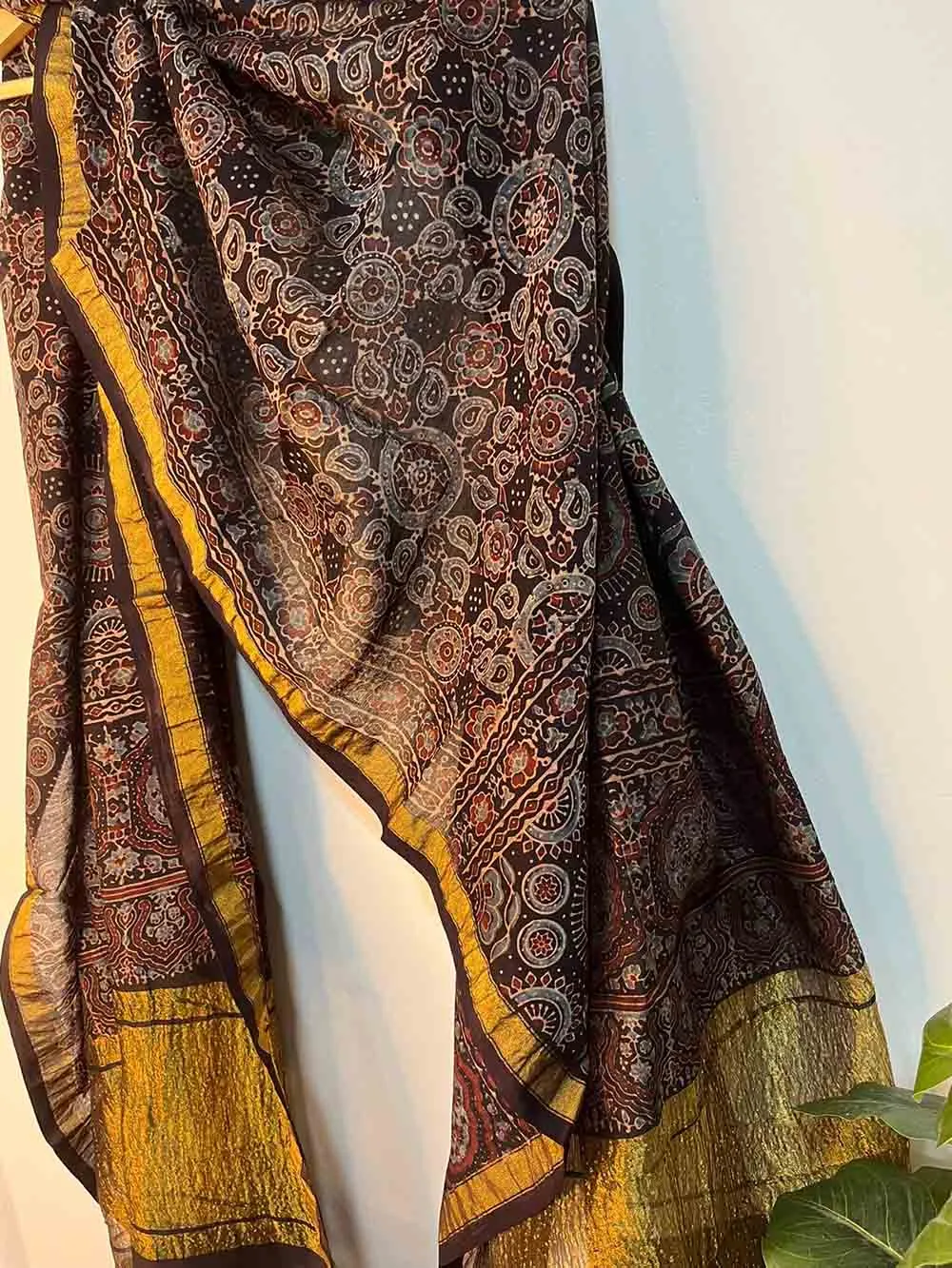 Blue Ajrakh Block Printed Chanderi Silk Tissue Border Dupatta