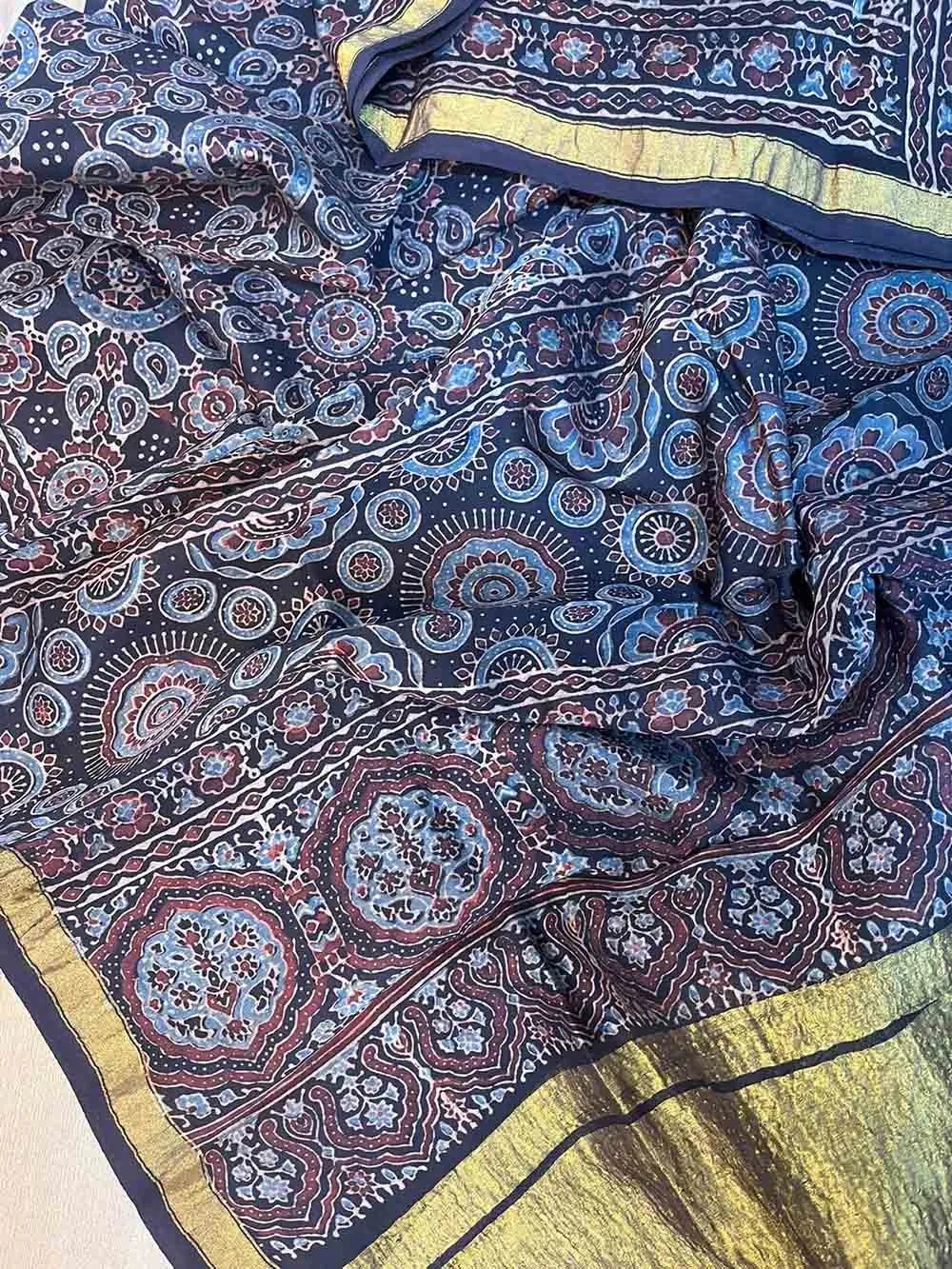 Blue Ajrakh Block Printed Chanderi Silk Tissue Border Dupatta