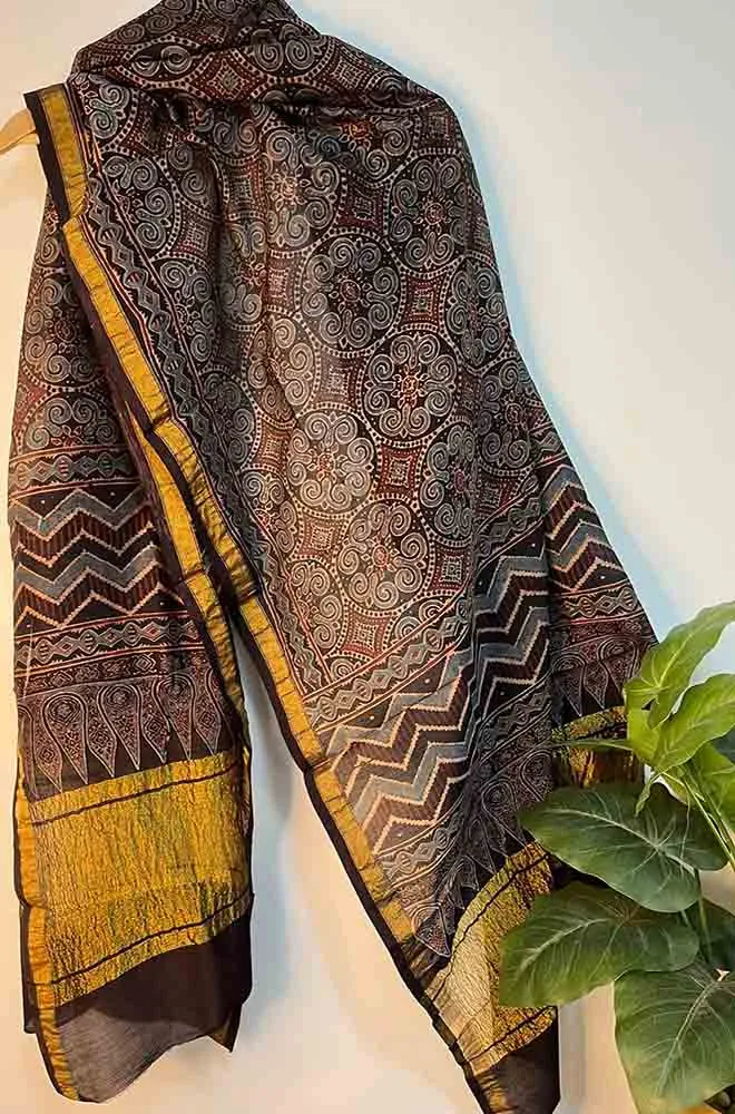 Blue Ajrakh Block Printed Chanderi Silk Tissue Border Dupatta
