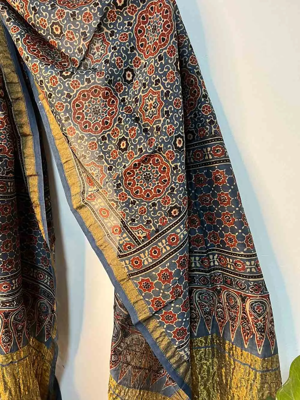 Blue Ajrakh Block Printed Chanderi Silk Tissue Border Dupatta