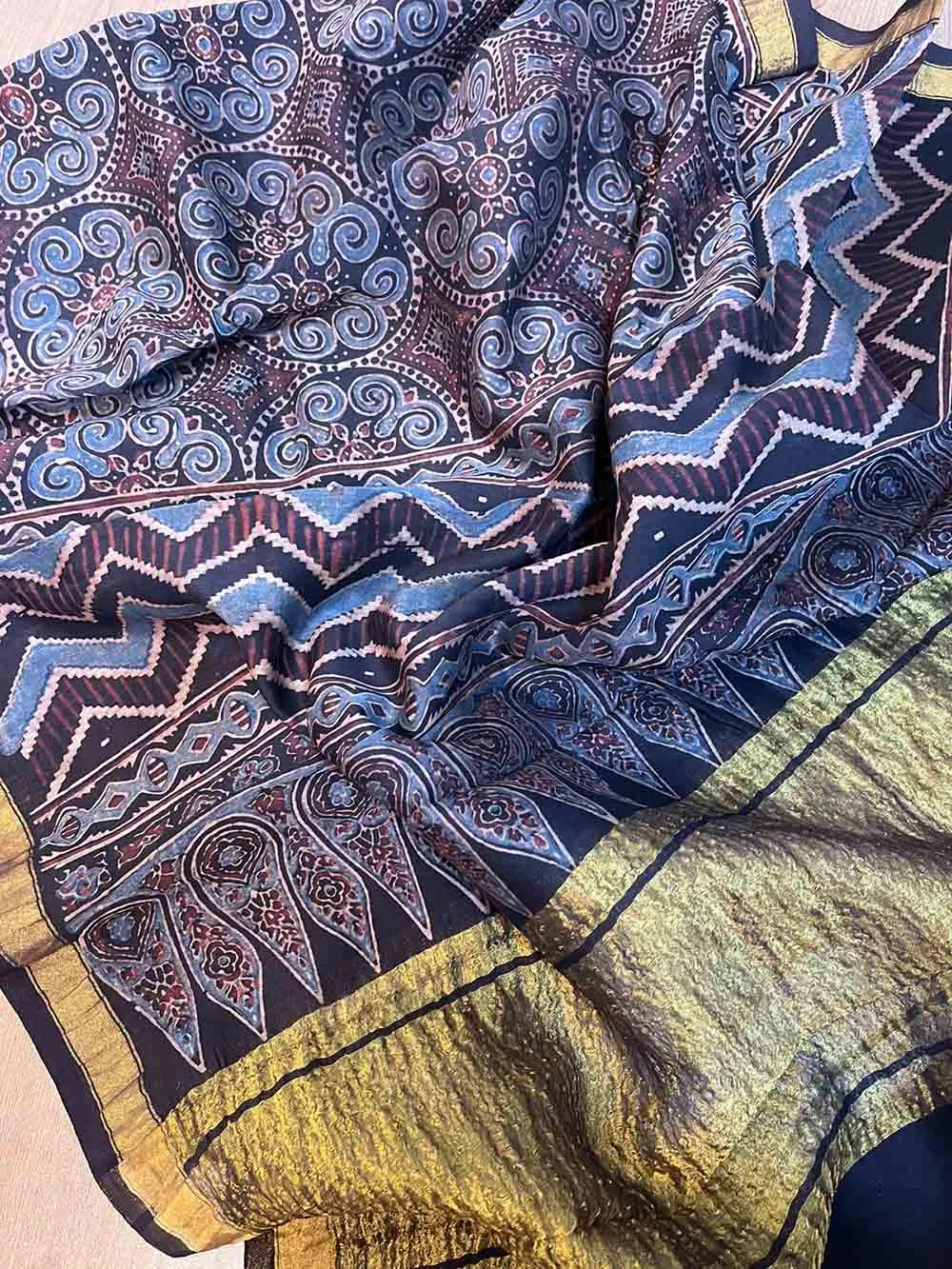 Blue Ajrakh Block Printed Chanderi Silk Tissue Border Dupatta