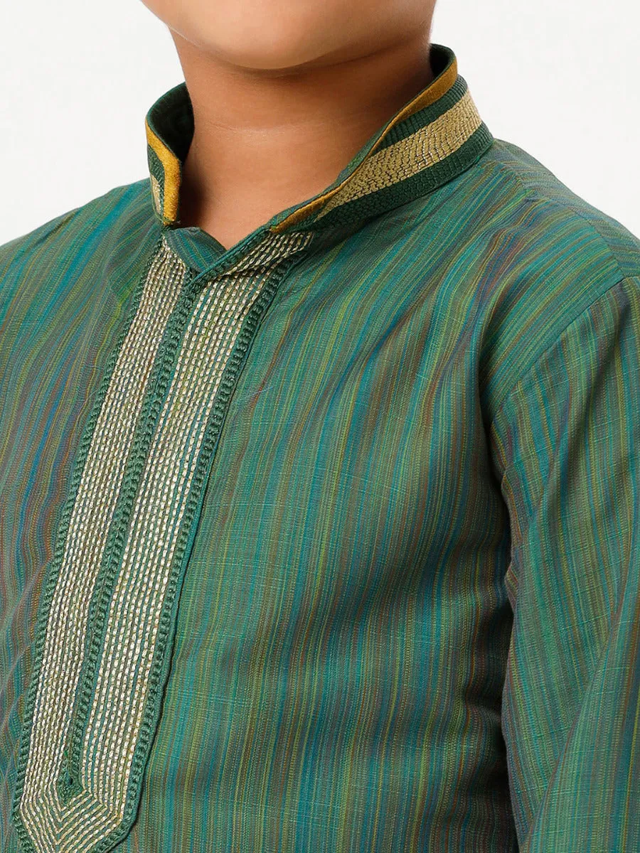 Boys Cotton Embellished Neckline Full Sleeves Dark Green Kurta with Dhoti Combo