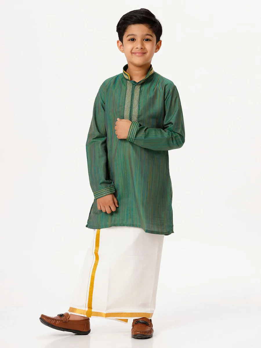 Boys Cotton Embellished Neckline Full Sleeves Dark Green Kurta with Dhoti Combo