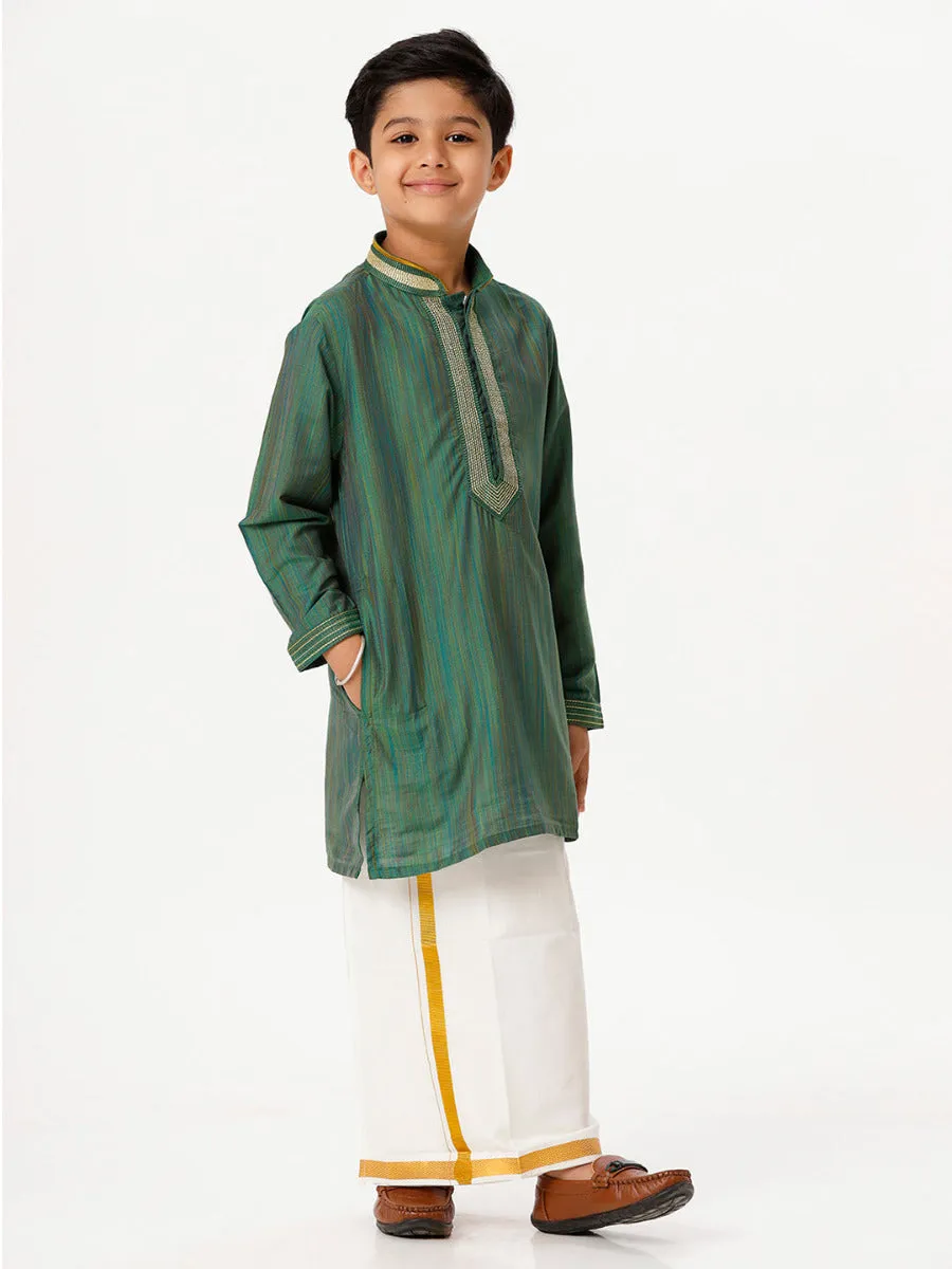 Boys Cotton Embellished Neckline Full Sleeves Dark Green Kurta with Dhoti Combo