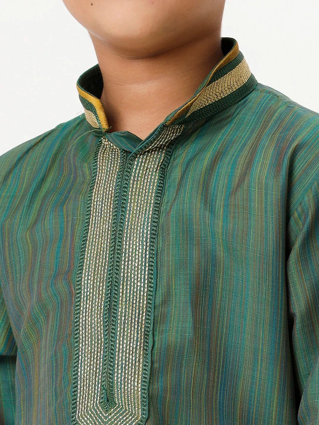 Boys Cotton Embellished Neckline Full Sleeves Dark Green Kurta with Pyjama Pant Combo EMD7