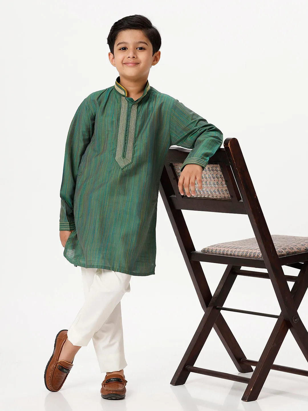 Boys Cotton Embellished Neckline Full Sleeves Dark Green Kurta with Pyjama Pant Combo EMD7
