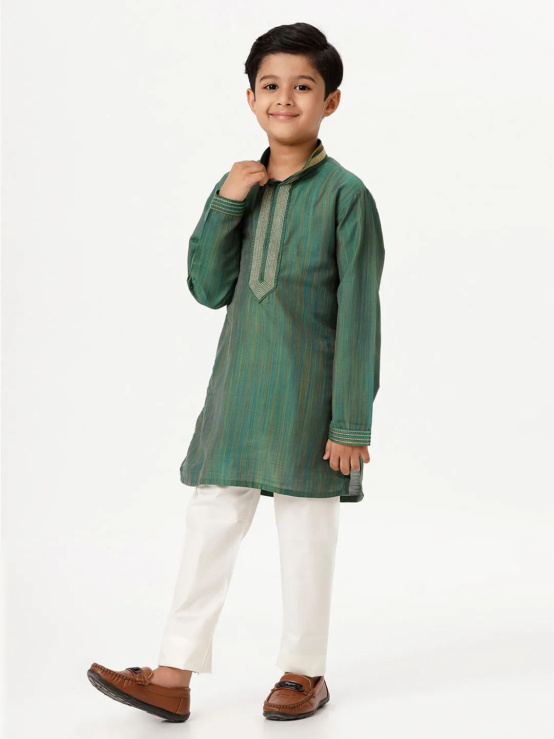 Boys Cotton Embellished Neckline Full Sleeves Dark Green Kurta with Pyjama Pant Combo EMD7