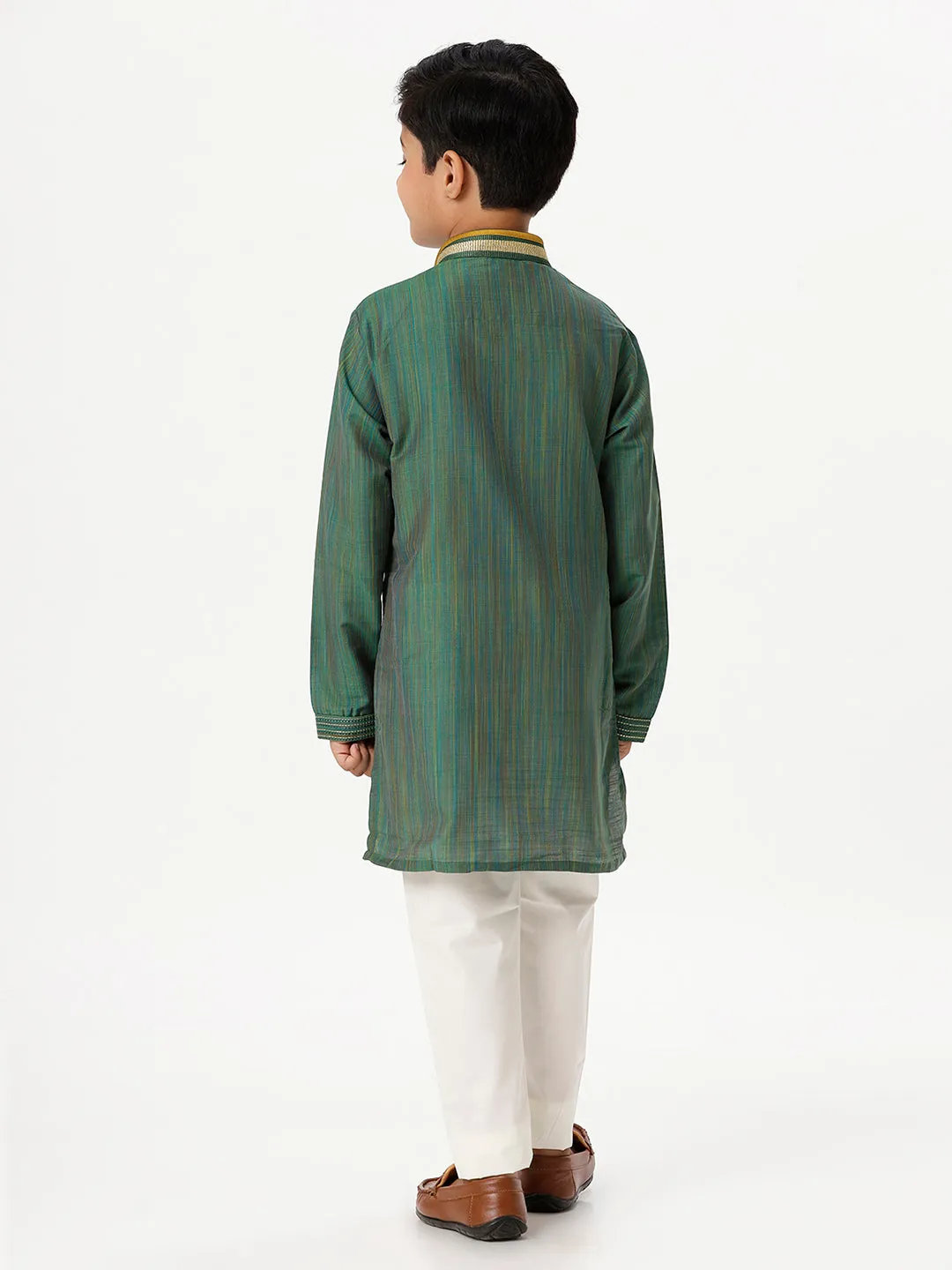 Boys Cotton Embellished Neckline Full Sleeves Dark Green Kurta with Pyjama Pant Combo EMD7