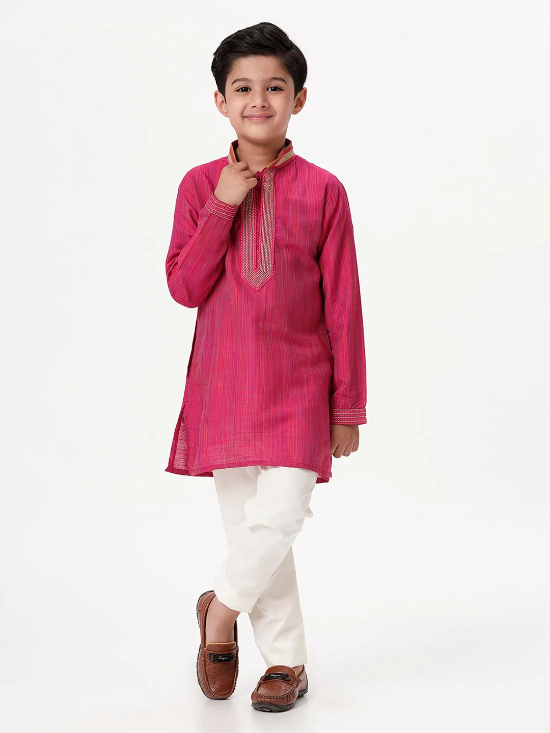 Boys Cotton Embellished Neckline Full Sleeves Dark Pink Kurta with Pyjama Pant Combo EMD1