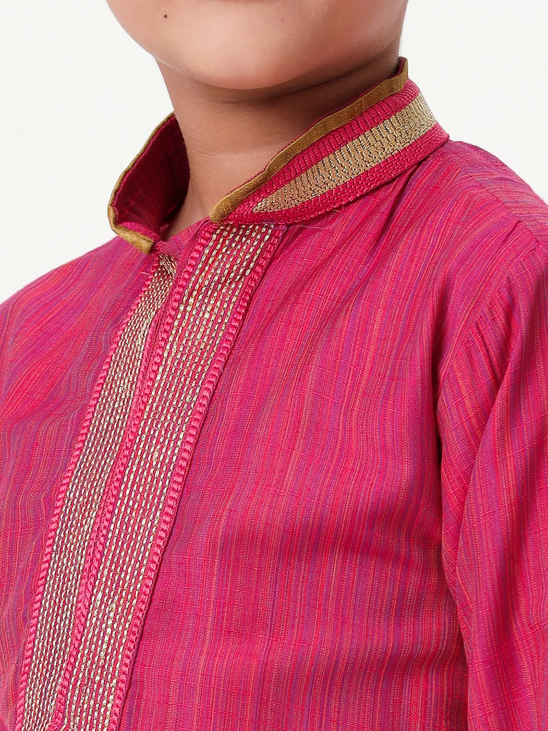 Boys Cotton Embellished Neckline Full Sleeves Dark Pink Kurta with Pyjama Pant Combo EMD1