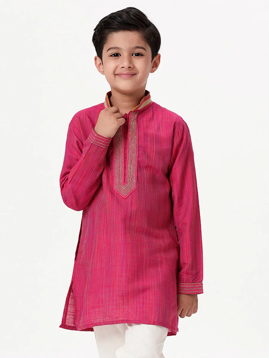 Boys Cotton Embellished Neckline Full Sleeves Dark Pink Kurta