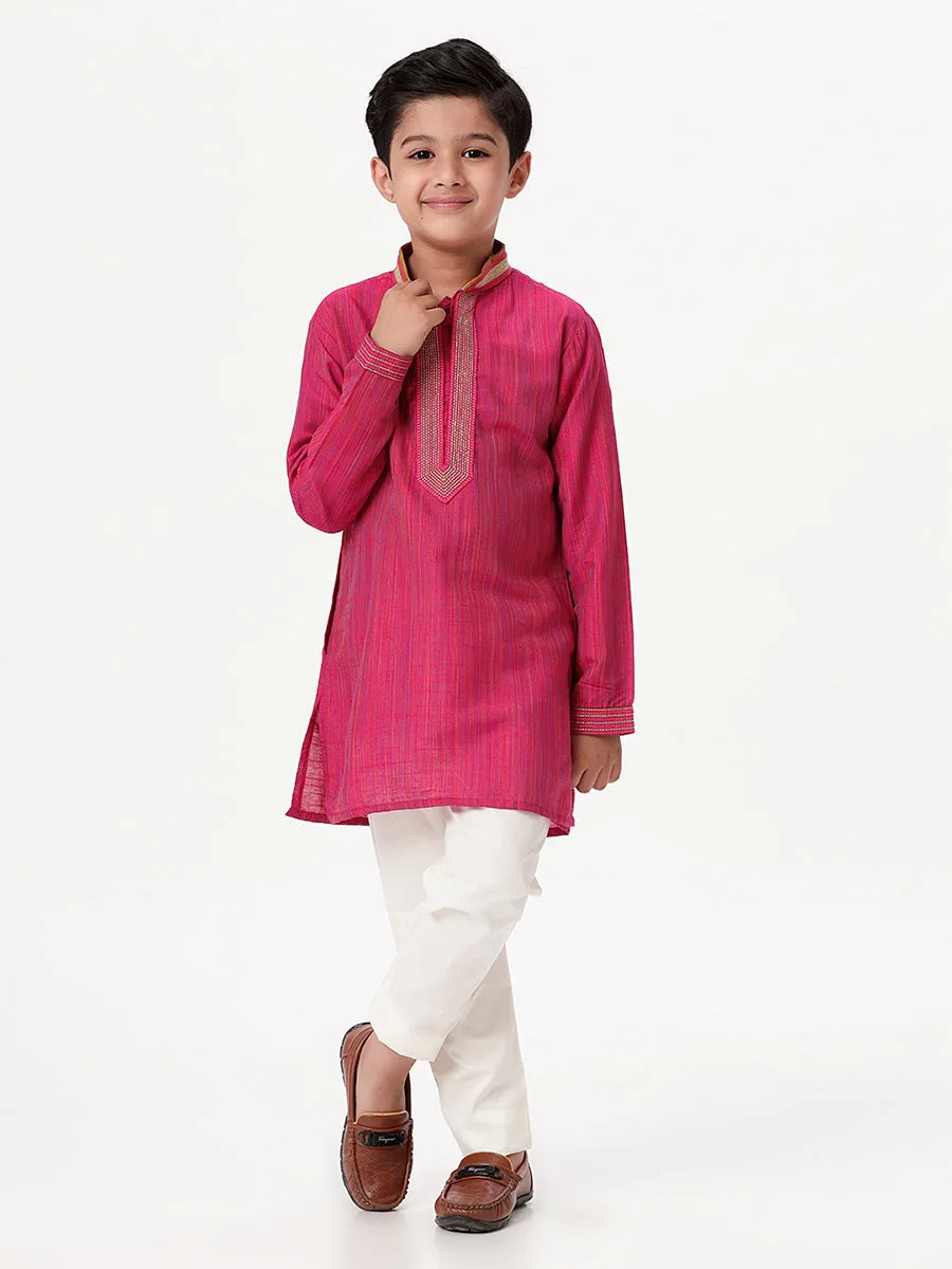 Boys Cotton Embellished Neckline Full Sleeves Dark Pink Kurta