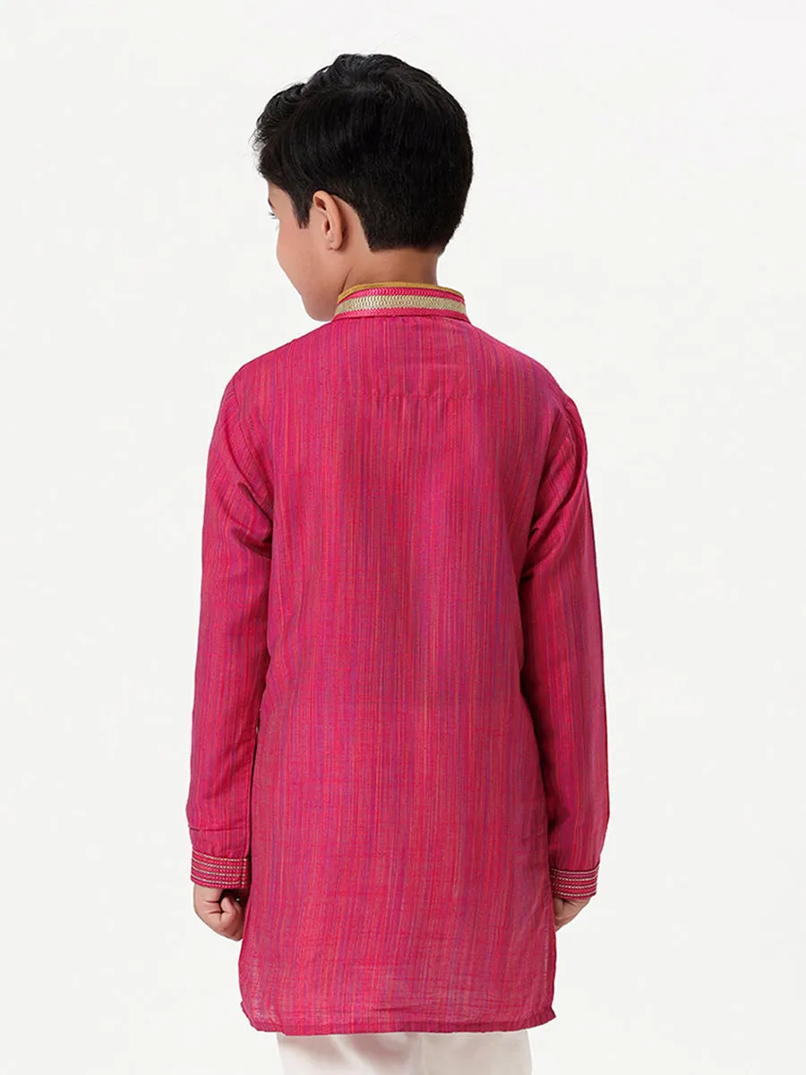 Boys Cotton Embellished Neckline Full Sleeves Dark Pink Kurta