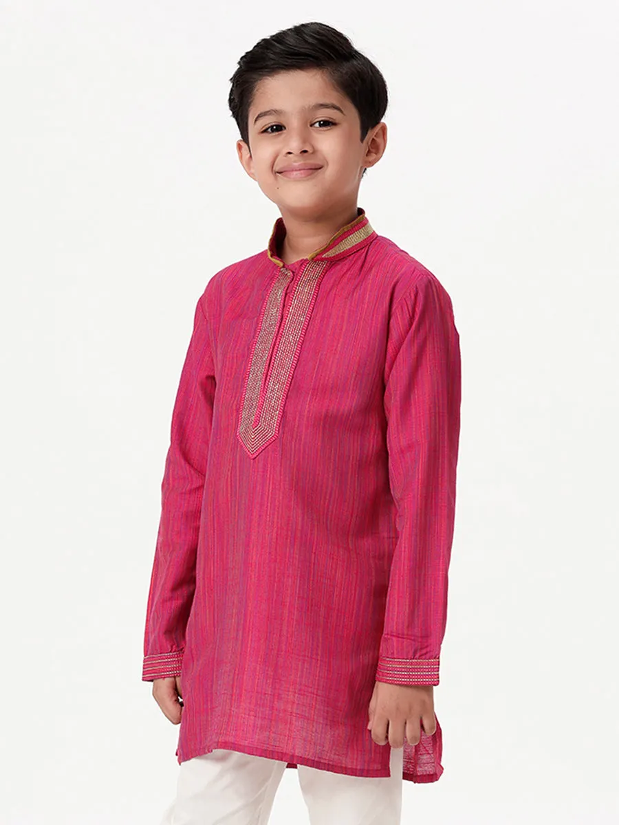 Boys Cotton Embellished Neckline Full Sleeves Dark Pink Kurta