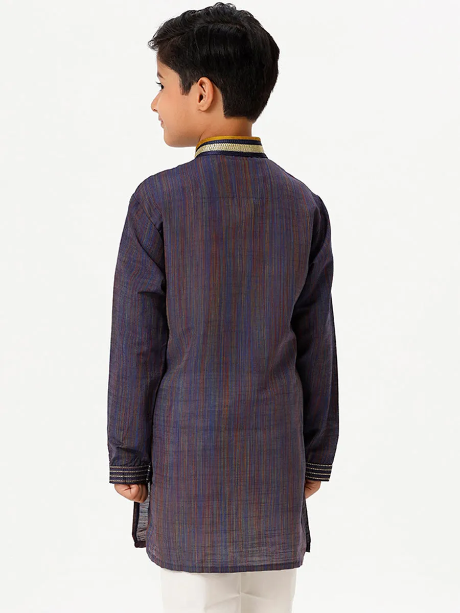 Boys Cotton Embellished Neckline Full Sleeves Navy Blue Kurta