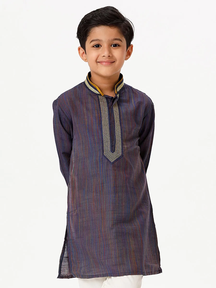 Boys Cotton Embellished Neckline Full Sleeves Navy Blue Kurta