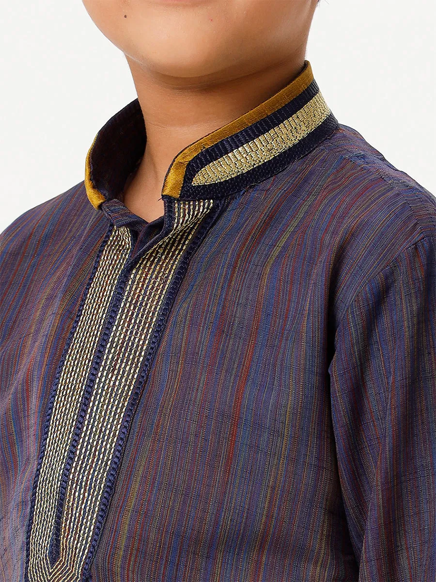 Boys Cotton Embellished Neckline Full Sleeves Navy Blue Kurta