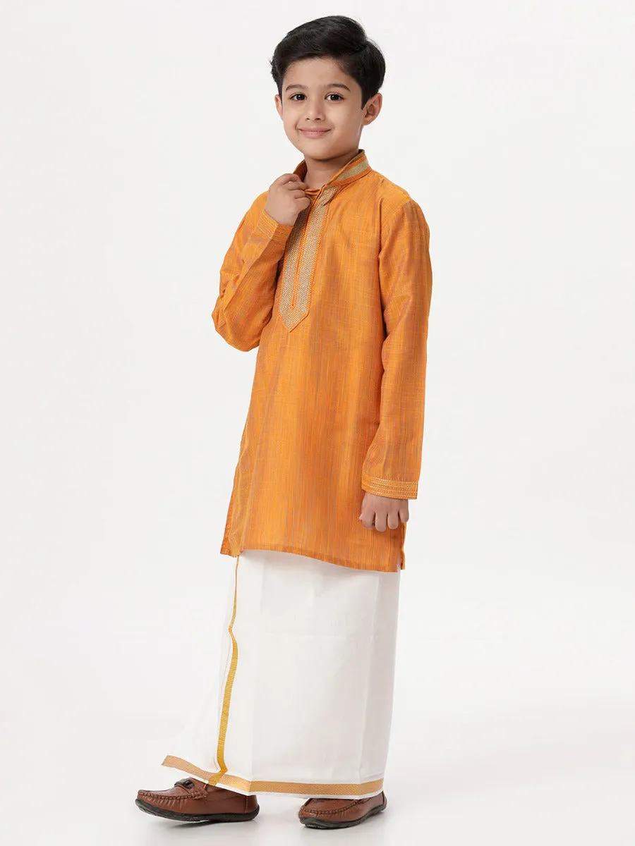 Boys Cotton Embellished Neckline Full Sleeves Orange Kurta with Dhoti Combo
