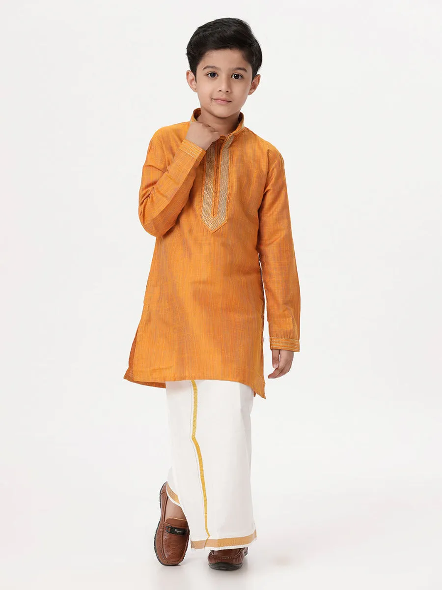 Boys Cotton Embellished Neckline Full Sleeves Orange Kurta with Dhoti Combo