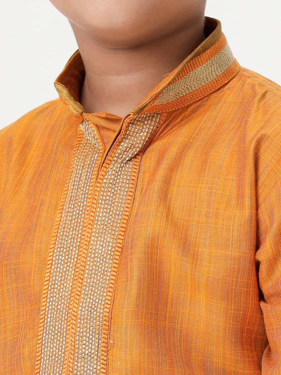 Boys Cotton Embellished Neckline Full Sleeves Orange Kurta with Dhoti Combo