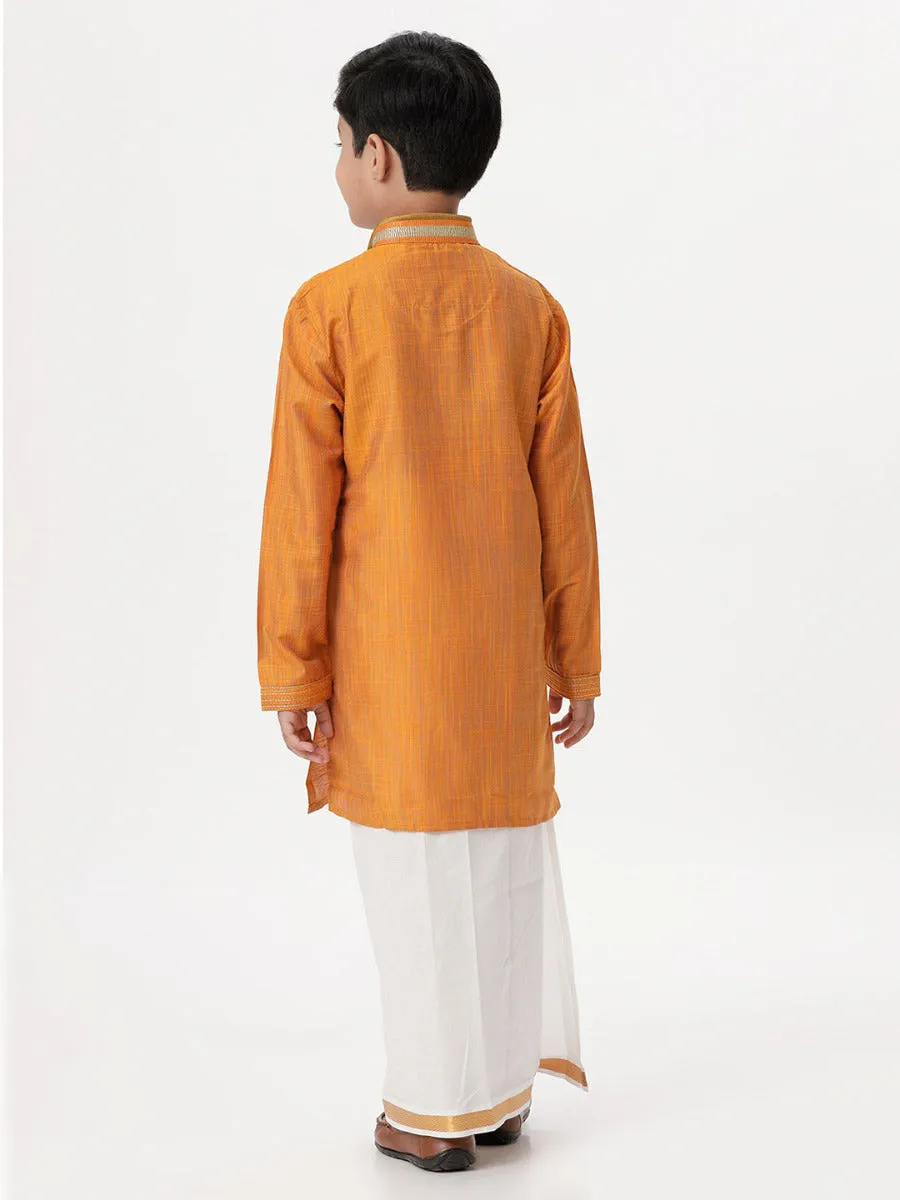 Boys Cotton Embellished Neckline Full Sleeves Orange Kurta with Dhoti Combo