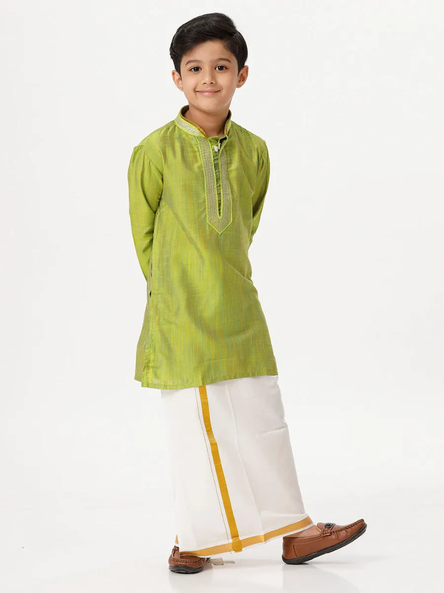 Boys Cotton Embellished Neckline Full Sleeves Parrot Green Kurta with Dhoti Combo