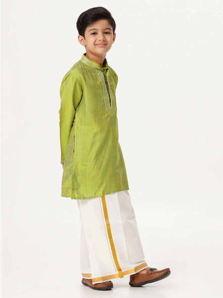 Boys Cotton Embellished Neckline Full Sleeves Parrot Green Kurta with Dhoti Combo