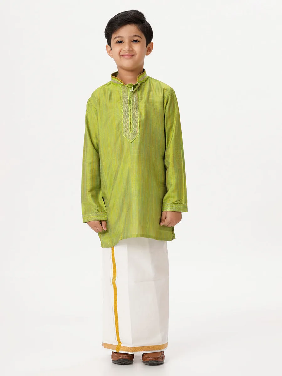 Boys Cotton Embellished Neckline Full Sleeves Parrot Green Kurta with Dhoti Combo