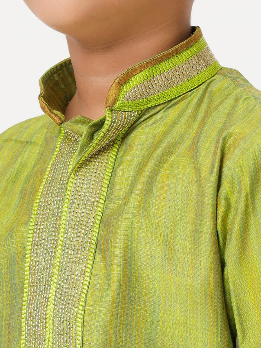 Boys Cotton Embellished Neckline Full Sleeves Parrot Green Kurta with Dhoti Combo
