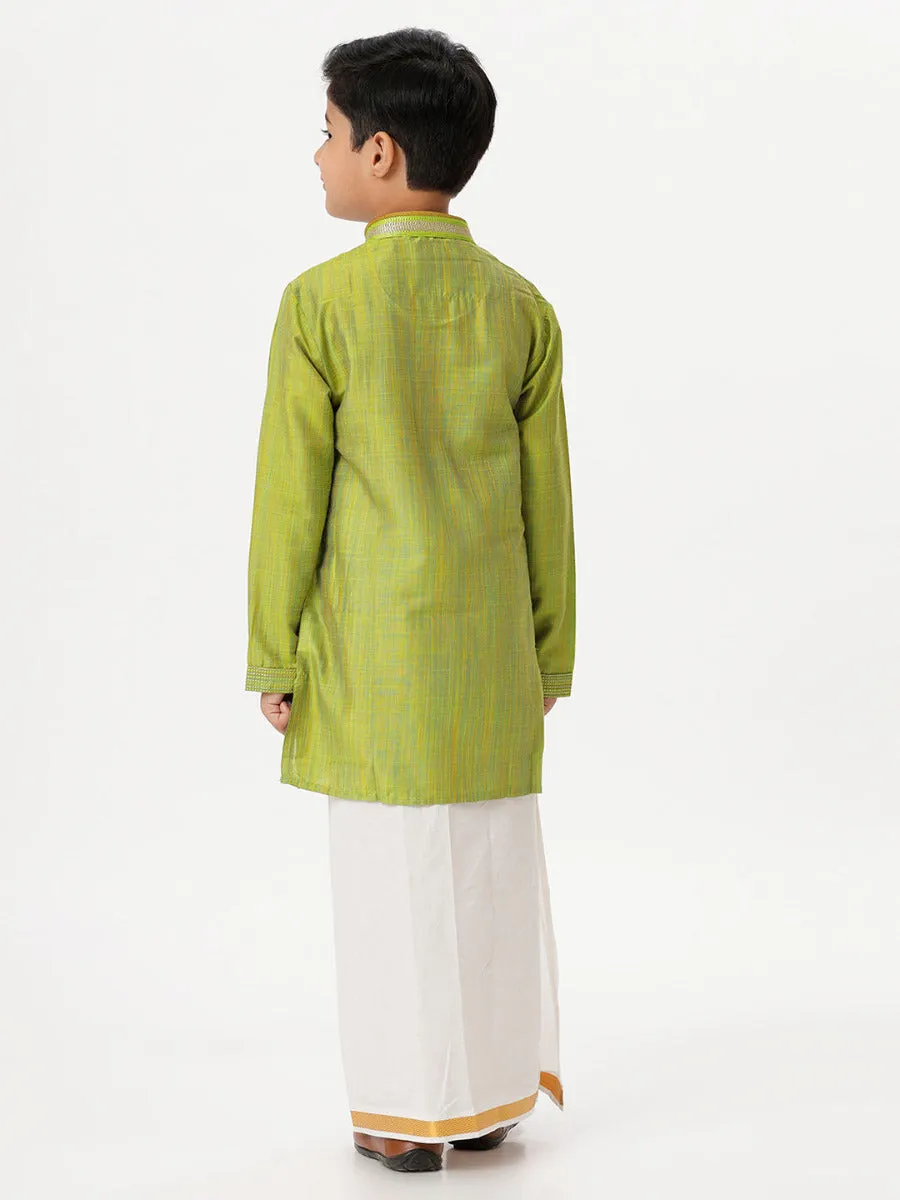 Boys Cotton Embellished Neckline Full Sleeves Parrot Green Kurta with Dhoti Combo