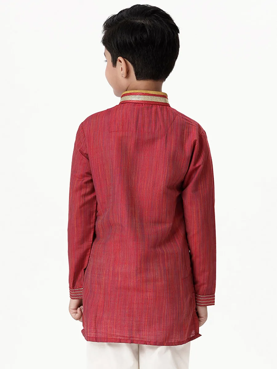 Boys Cotton Embellished Neckline Full Sleeves Red Kurta