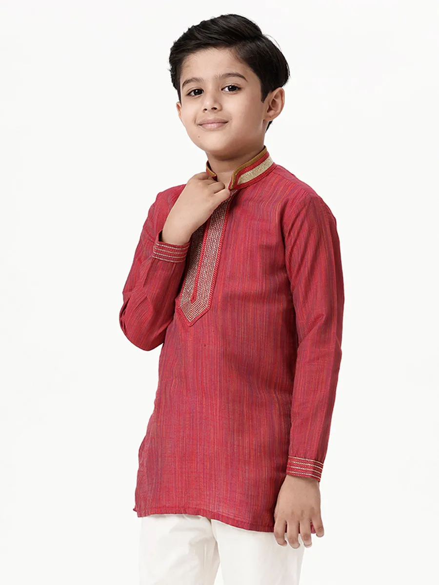 Boys Cotton Embellished Neckline Full Sleeves Red Kurta