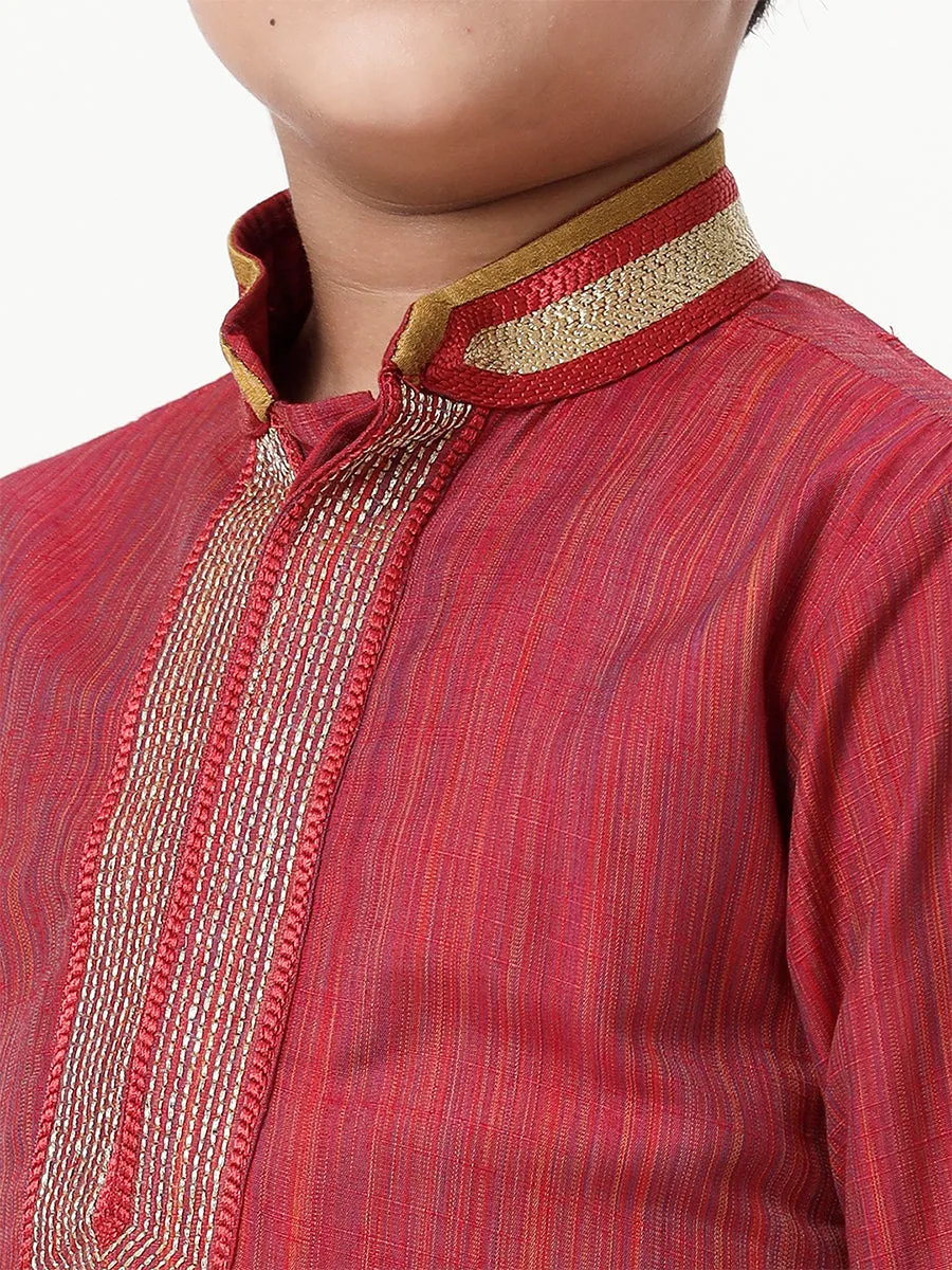 Boys Cotton Embellished Neckline Full Sleeves Red Kurta