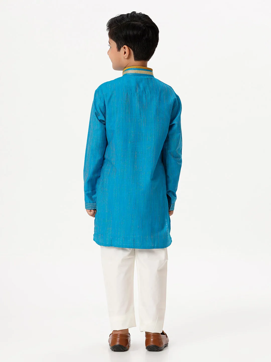 Boys Cotton Embellished Neckline Full Sleeves Sky Blue Kurta with Pyjama Pant Combo EMD2