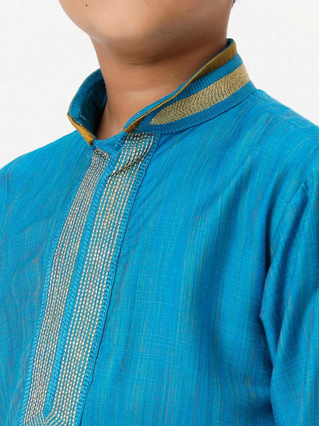 Boys Cotton Embellished Neckline Full Sleeves Sky Blue Kurta with Pyjama Pant Combo EMD2