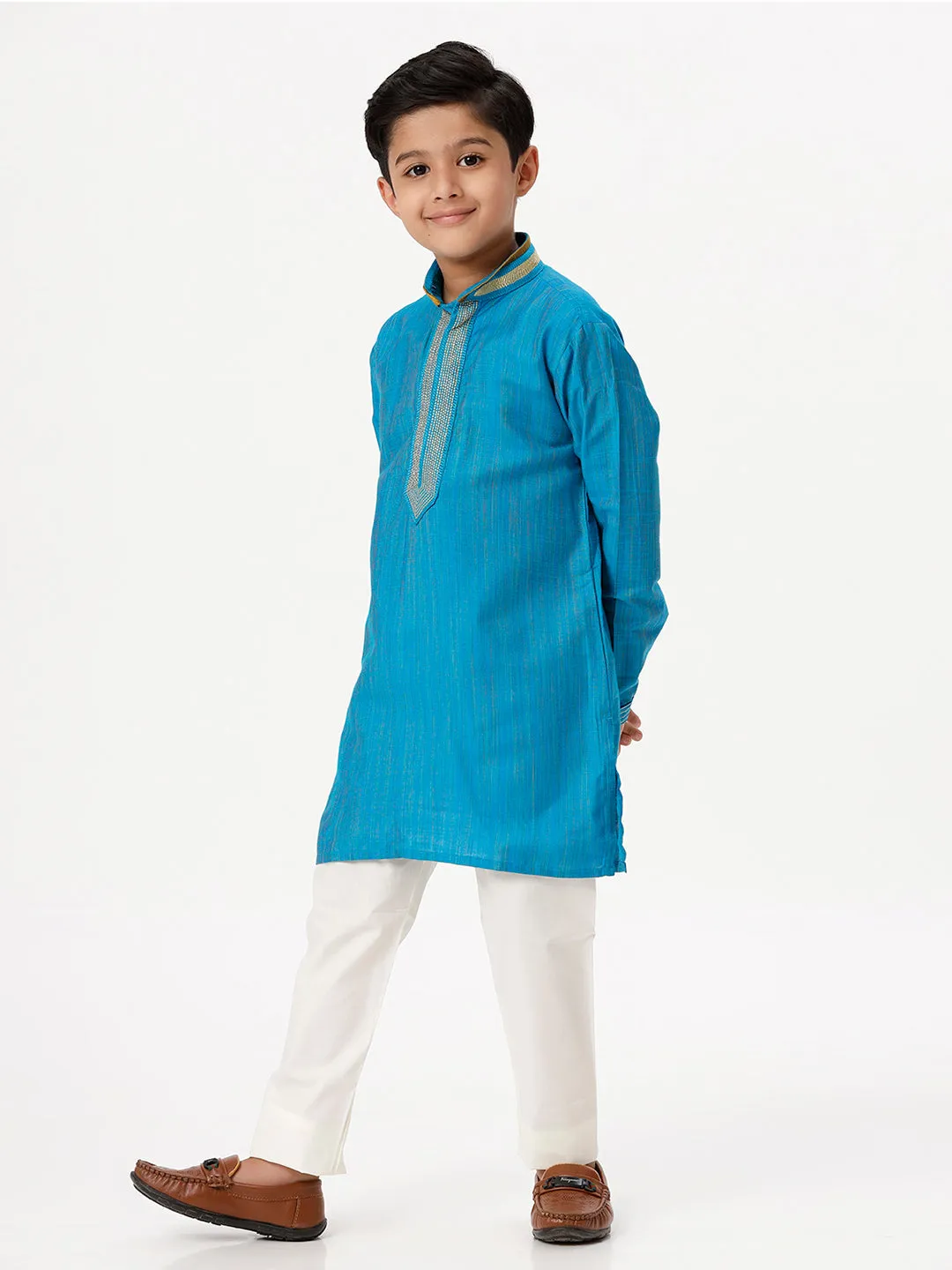 Boys Cotton Embellished Neckline Full Sleeves Sky Blue Kurta with Pyjama Pant Combo EMD2