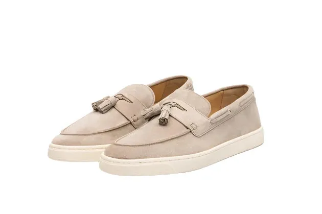 Brunello Cucinelli Suede Leather Tassle Loafers in Light Brown
