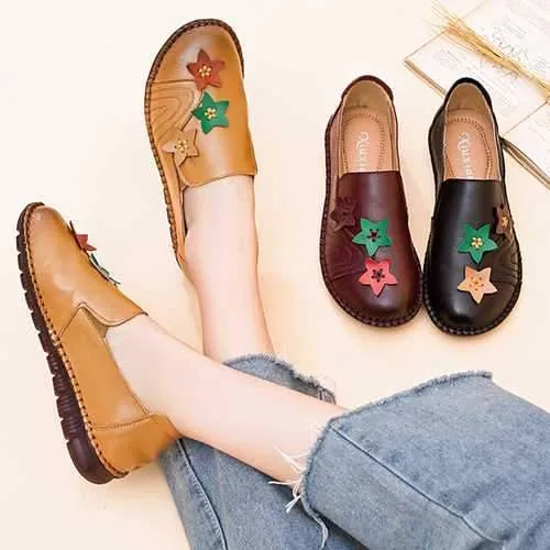 Casual Soft Star Flat Leather Loafers For Women